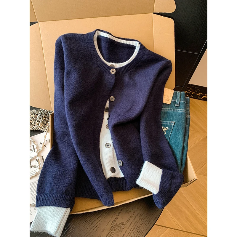 

MEXZT Лоскутный вязаный кардиган, женский модный свитер с длинными рукавами, верхняя одежда, корейский однобортный трикотаж, зимние джемперы