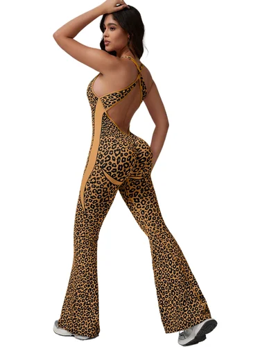 Imagen 1 del producto 2025 Pad-Sujetador deportivo separado para mujer, pantalón fruncido, monos de leopardo de una pieza, mallas de entrenamiento ajustadas, ropa activa para gimnasio y Fitness