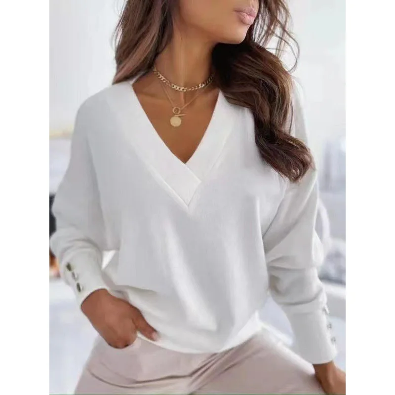 Sweater Top Women Casual Pullover Jumper Button V Neck Solid Color Long Sleeve Office Lady 2025 Spring Knitting Tops Knitwear - Image 4