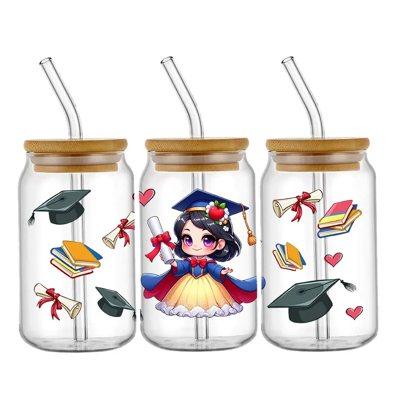 Disney Graduation Princess Stitch 16OZ UV DTF Cup Wrap Transfers Stickers Custom Labels DIY Waterproof Logo For Libbey Glass Can