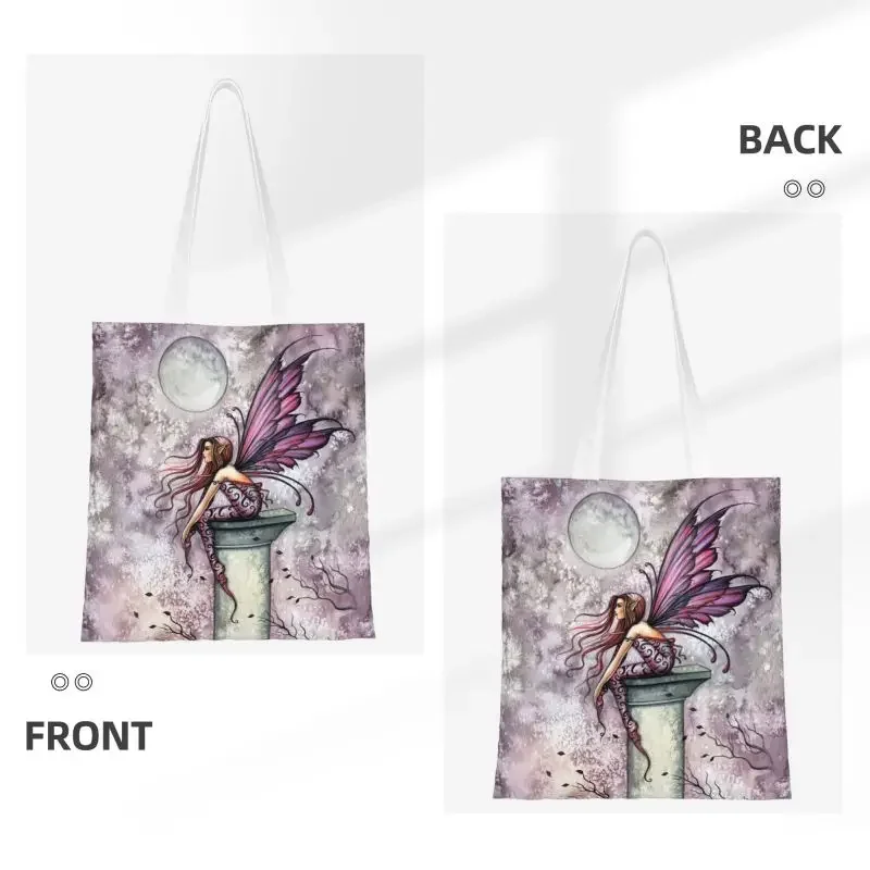 The Lookout Watercolor Fairy Illustration By Molly Harrison Shopping Bag Canvas Shoulder Tote Bag Portable Grocery Shopper Bags