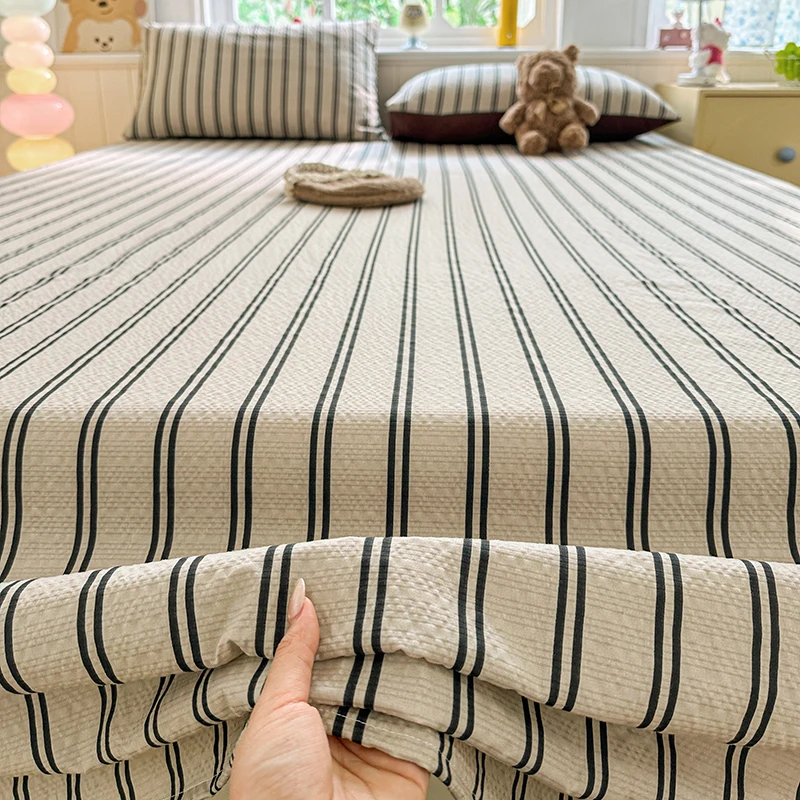 Double Layer Gauze Striped Flat Sheet, Soft Breathable Crinkled Cotton Bed Sheet,Machine Washable