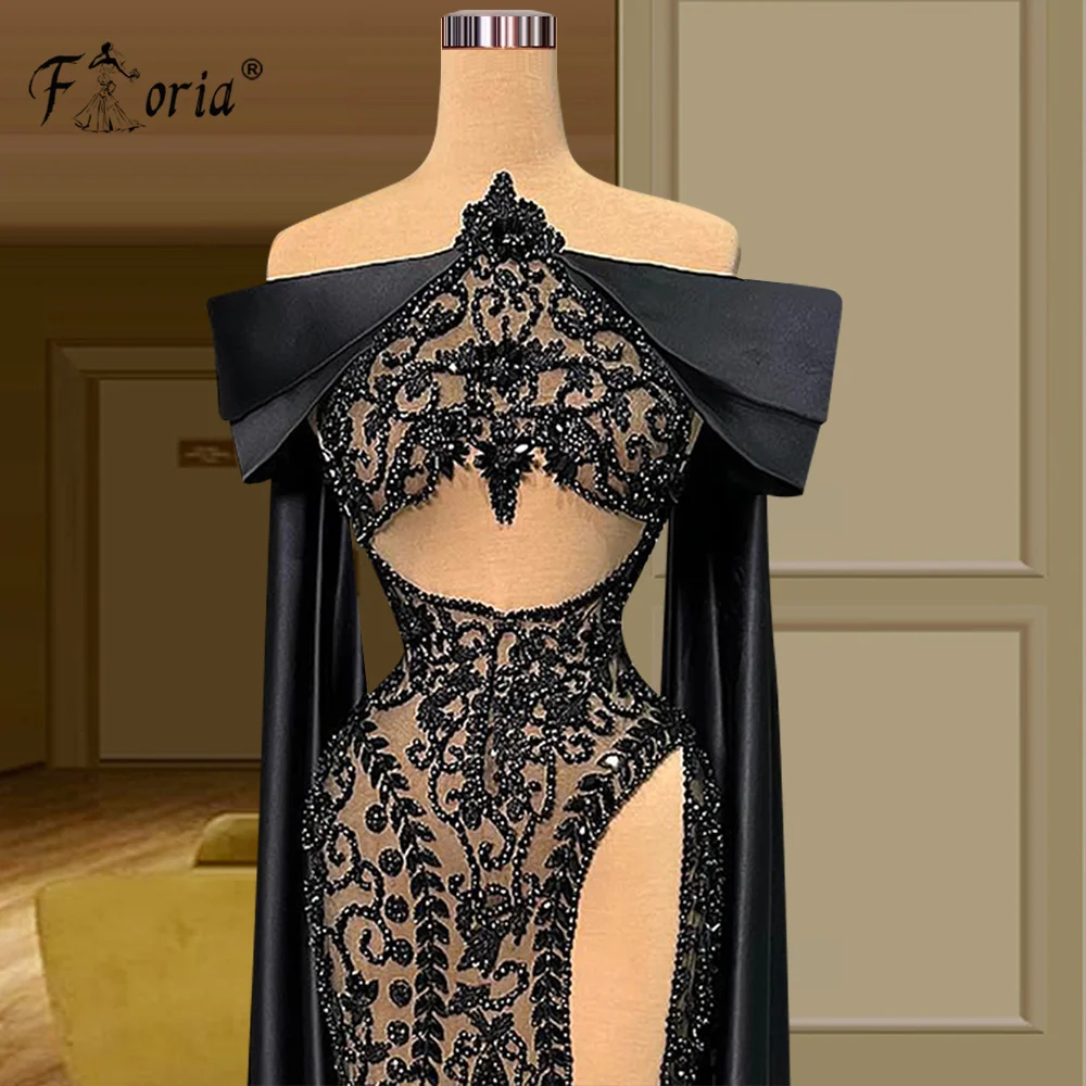 Vestidos de Noche de sirena negra para mujer, chal largo de encaje con cuentas, hendidura para ocasiones especiales, vestido de fiesta Formal musulmán