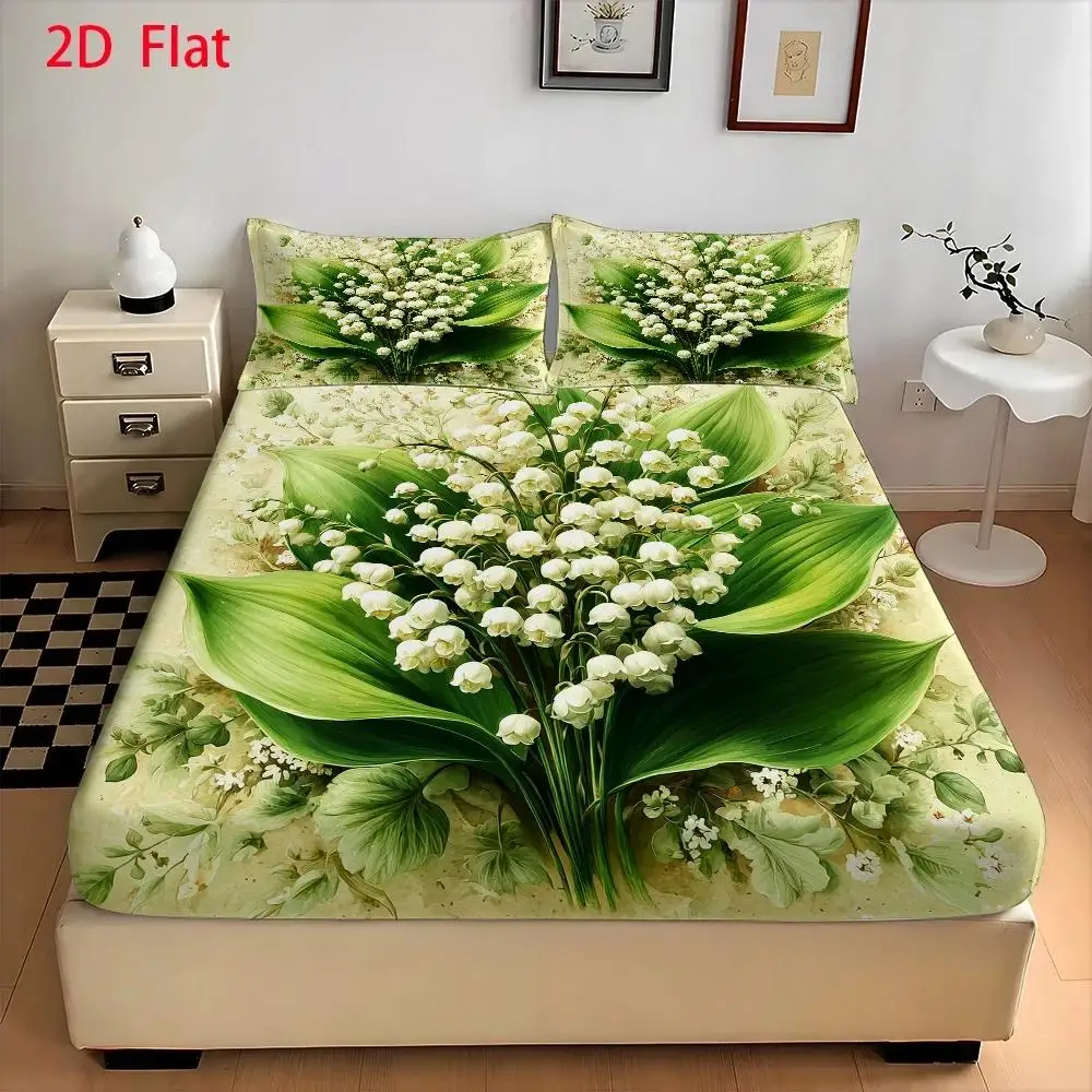 Lily of the Valley Theme, Vintage Oil Painting Style, Printed Fitted Sheet, Mattress Protector, Breathable Polyester Material (Includes 1 Fitted Sheet + 2 Pillowcases), Fitted Elastic Mattress Protector, Fitted Sheet Style, Protective Cover, Mattress Protector, Fitted Sheet Bedding, Christmas Themed Bedding, Baby Bedding, Suitable for Nursery Room