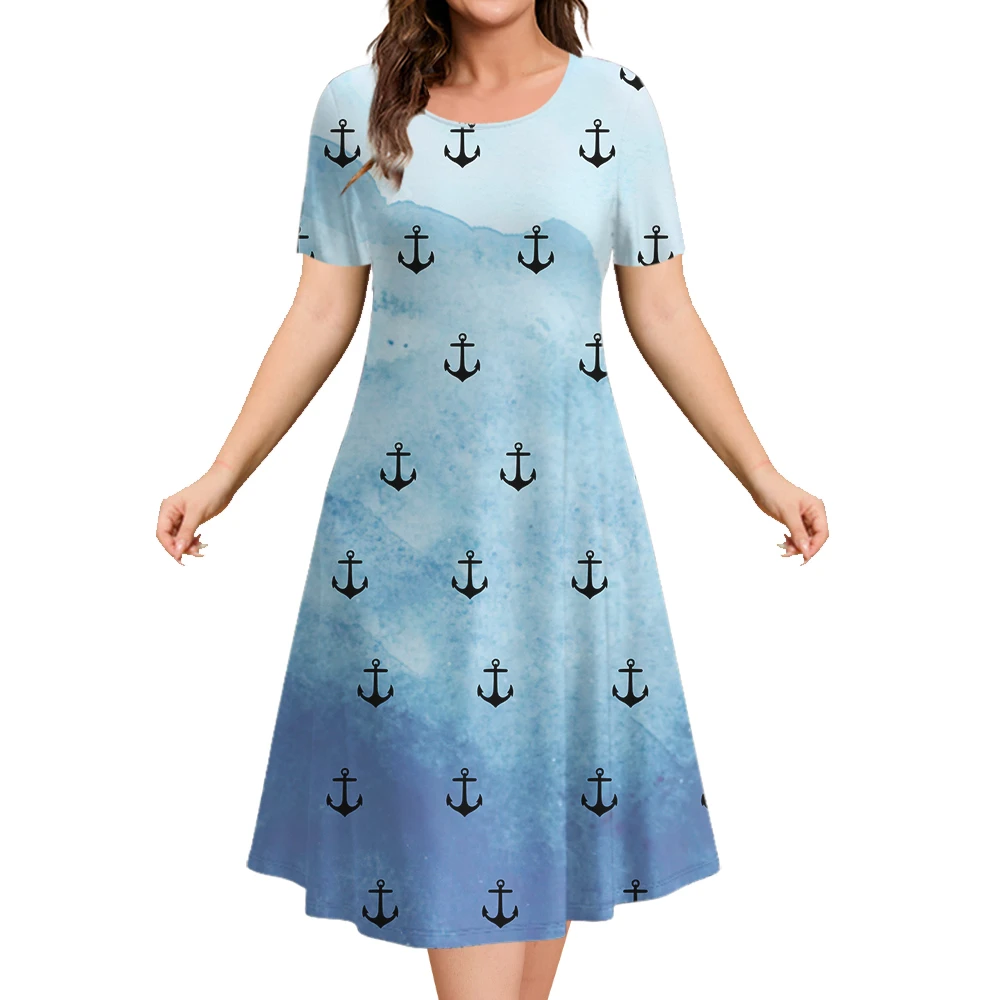 Summer Ladies Dress Anchor 3d Print Skirt O Neck Women Short Sleeve Fashion Oversized Dresses Casual Beach Female Slim Pullover