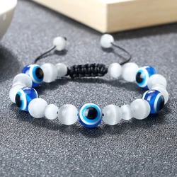 Natural Cat Eye Stone Beads Bracelets Classic Turkish Lucky Evil Eye Bracelets Men Women Handmade Lucky Prayer Jewelry Gift