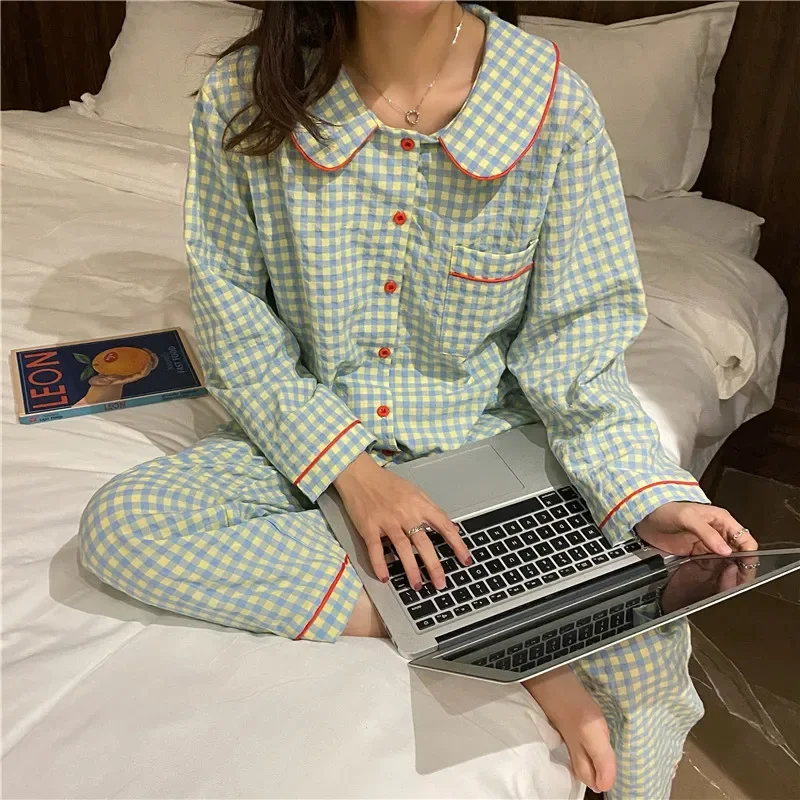 Cotton Sleepwear Korean Pajamas Women Summer Cute Heart Print Pyjamas Long Sleeve Pijama Female Set Negligee Cardigan Suit