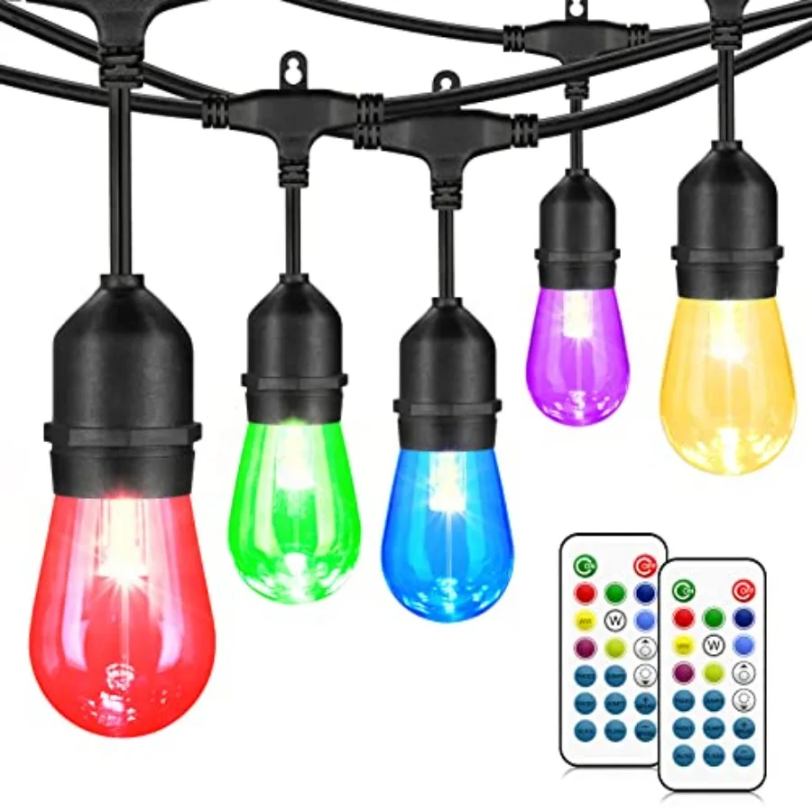 48Feet Outdoor Patio Lights Waterproof Dimmable with Remote, RGB Cafe LED String Light with 15 Shatterproof Bulbs for Bistro Pa
