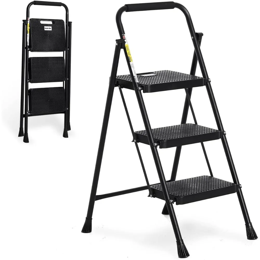 Step Ladder 3 Step Folding with Handgrip, 500Lbs Steel Step Stool, Folding Ladder Anti-Slip Wide Pedals, Portable Kitchen/Closet