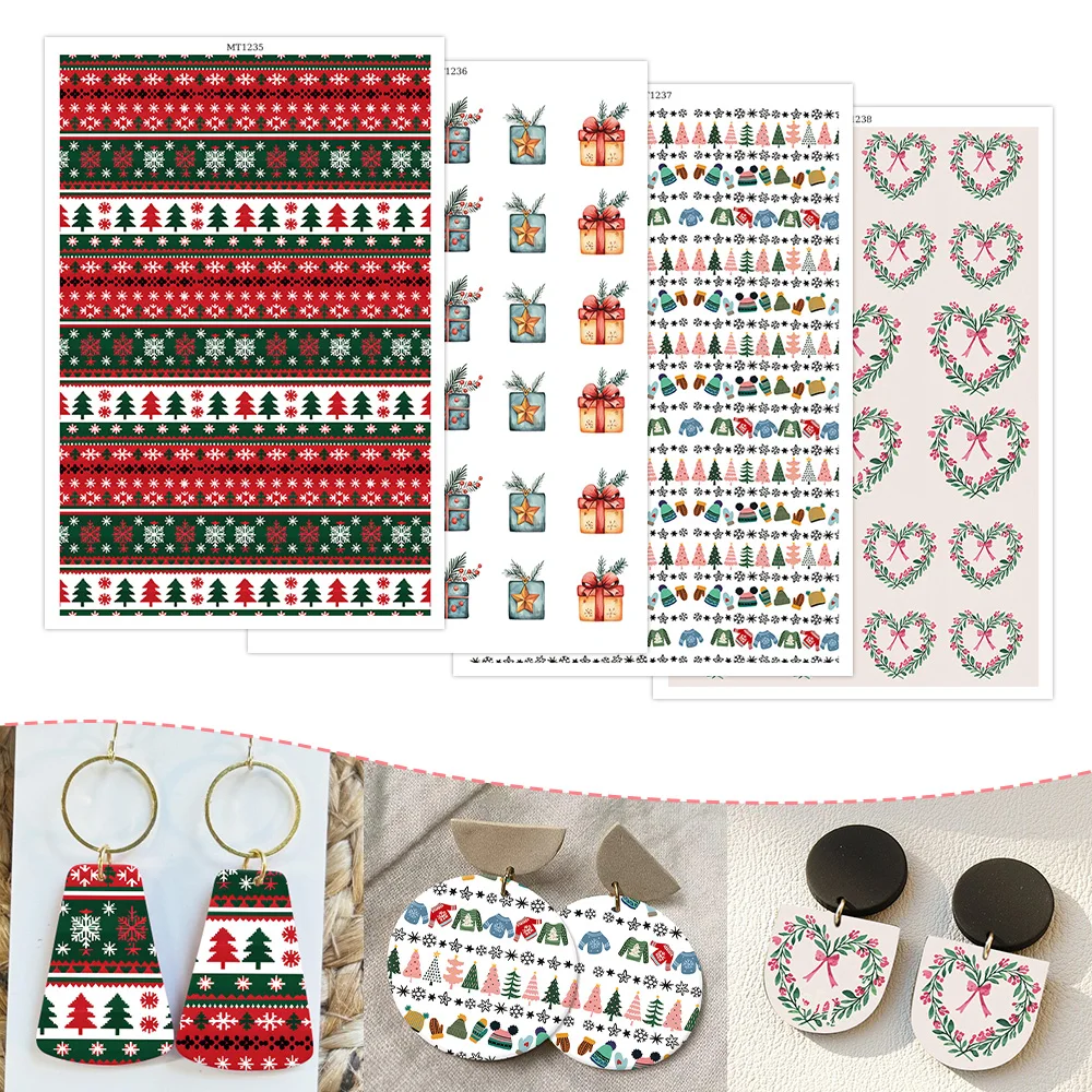 

Gifts Winter Clothes Merry Christmas Tree Pattern Soft Ceramic Earrings Water Transfer Paper Sticker For Jewelry Making