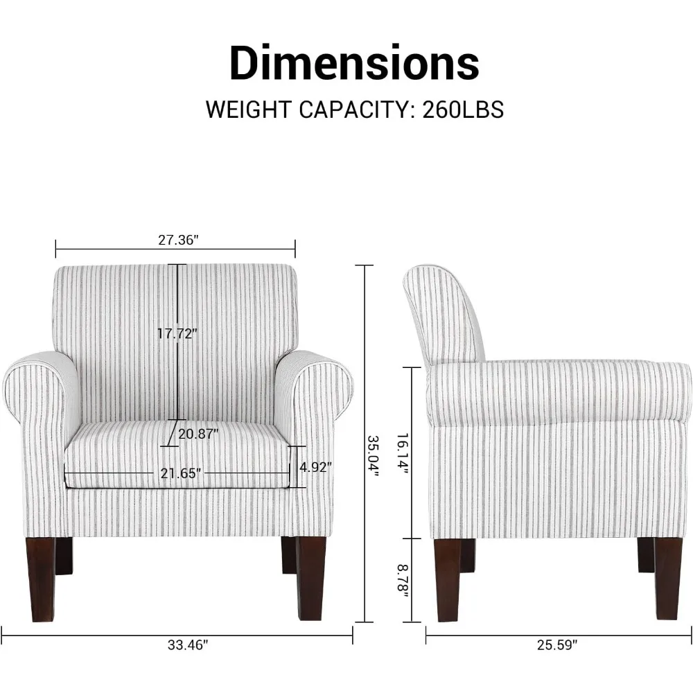 Moderne gestreepte koffiestoel Comfortabele fauteuil bekleed met linnen, comfortabele leesfauteuil met gevoerde zitting