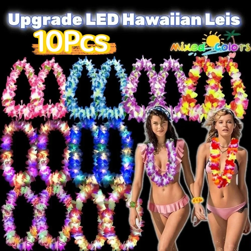 10Pcs Colorful LED Hawaiian Leis Artificial Vibrant Light Up Flower Wreath Portable Durable Faux Flower Garland Necklace