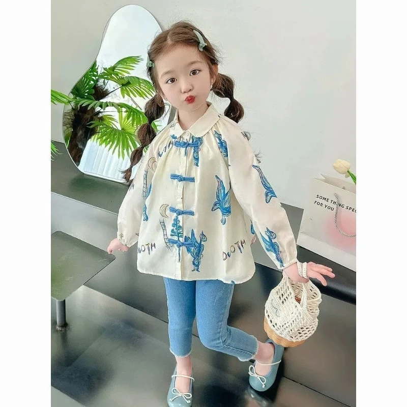 SpringSummer New Fashion Round Neck Long Sleeved Kids Casual Versatile Loose Kawaii Print Children\'s Clothing Baby Girl T-Shirts