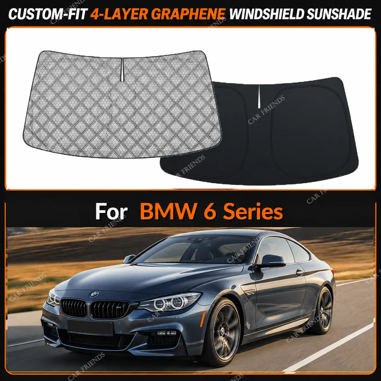For BMW 6 Series Custom-Fit 4-Layer Graphene Windshield Sunshade Reflective Gray-Silver Surface Helps Reduce Direct Sunlight