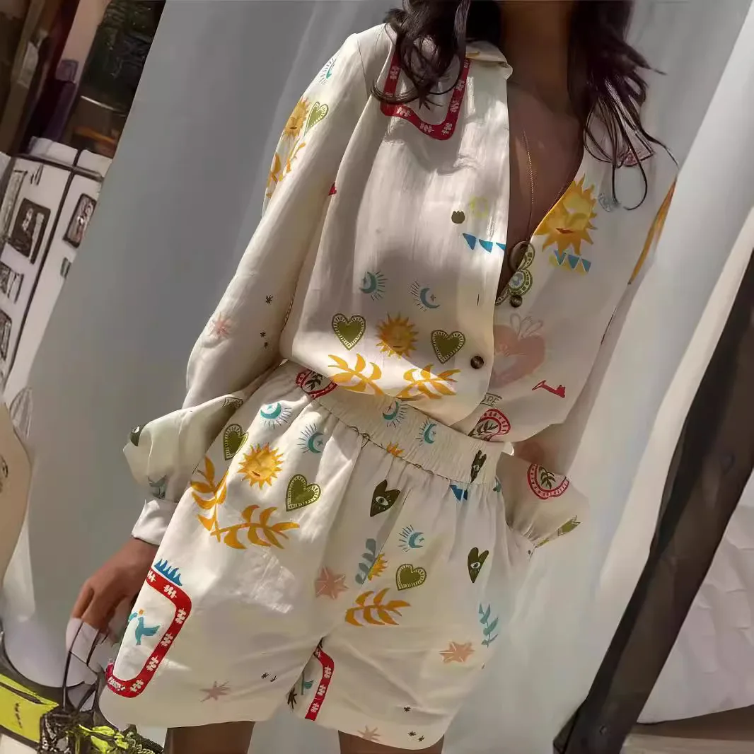 Women Floral Print Shirt Collar Single Breasted Belt Linen Sexy Casual Shirt Shorts Suit