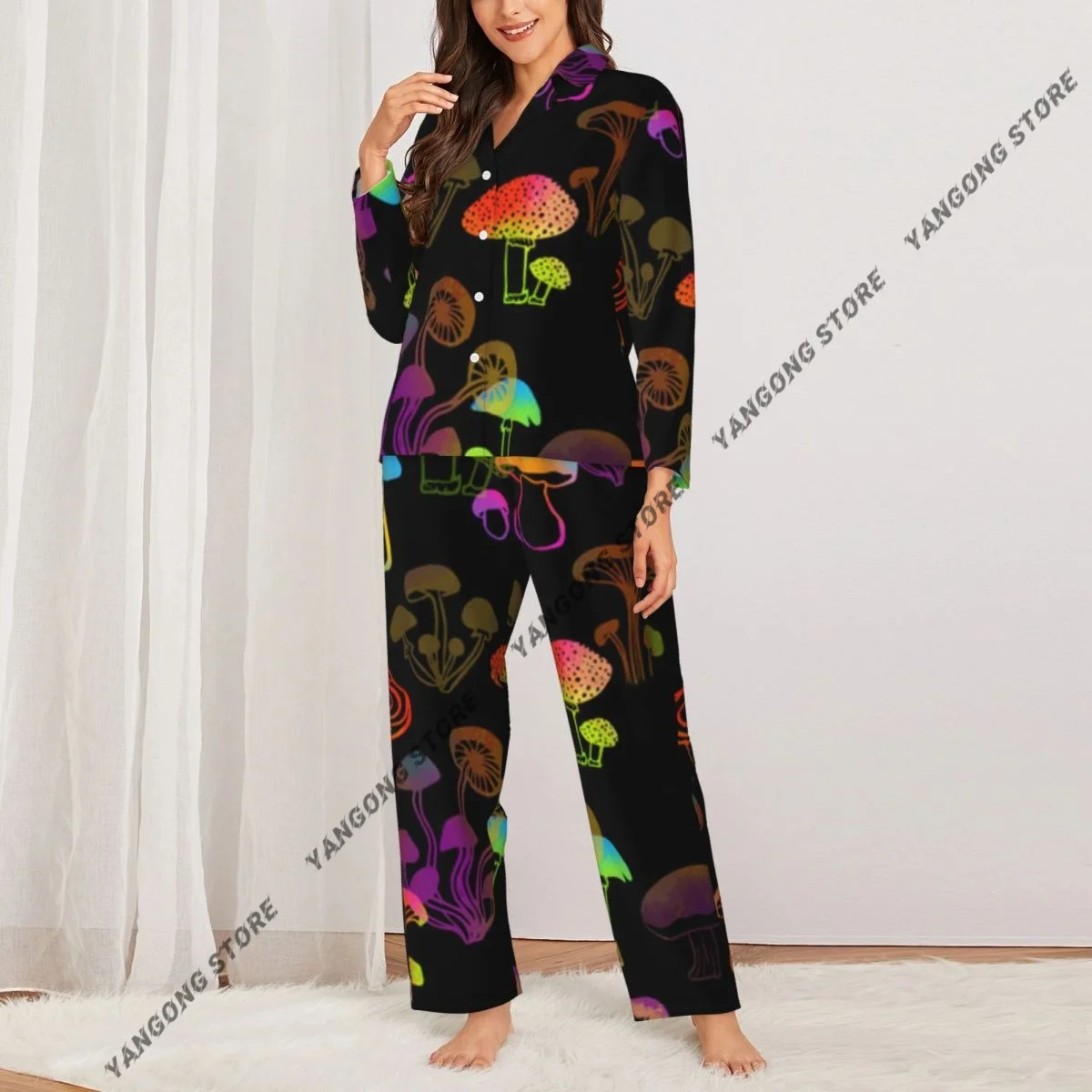 Women Sleepwear Pajamas Colored Mushrooms Illustration Long Sleeve Pijama Female Set Negligee Cardigan Suit