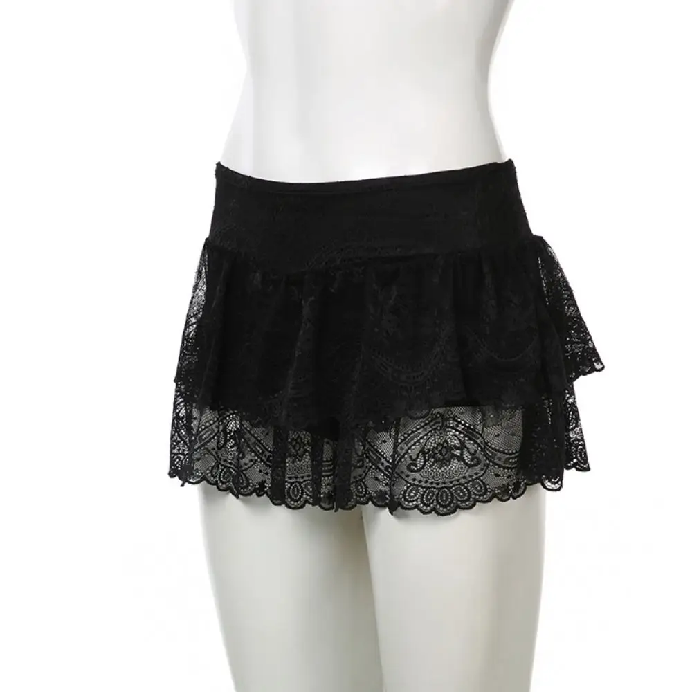 Embroidered Flower Lace Mini Skirt Y2K Streetwear Harajuku Ruched Skirts See Through Double Layer Lace Up Ruffles Skirt