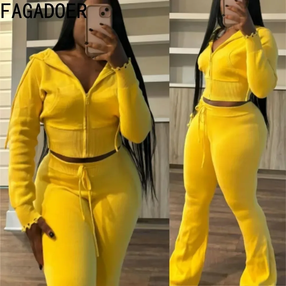FAGADOER Casual Knitting 2-częściowe zestawy damskie Outfit Solid Color Zip Crop Hooded Top + Flare Pants Suits Female Streetwear 2025