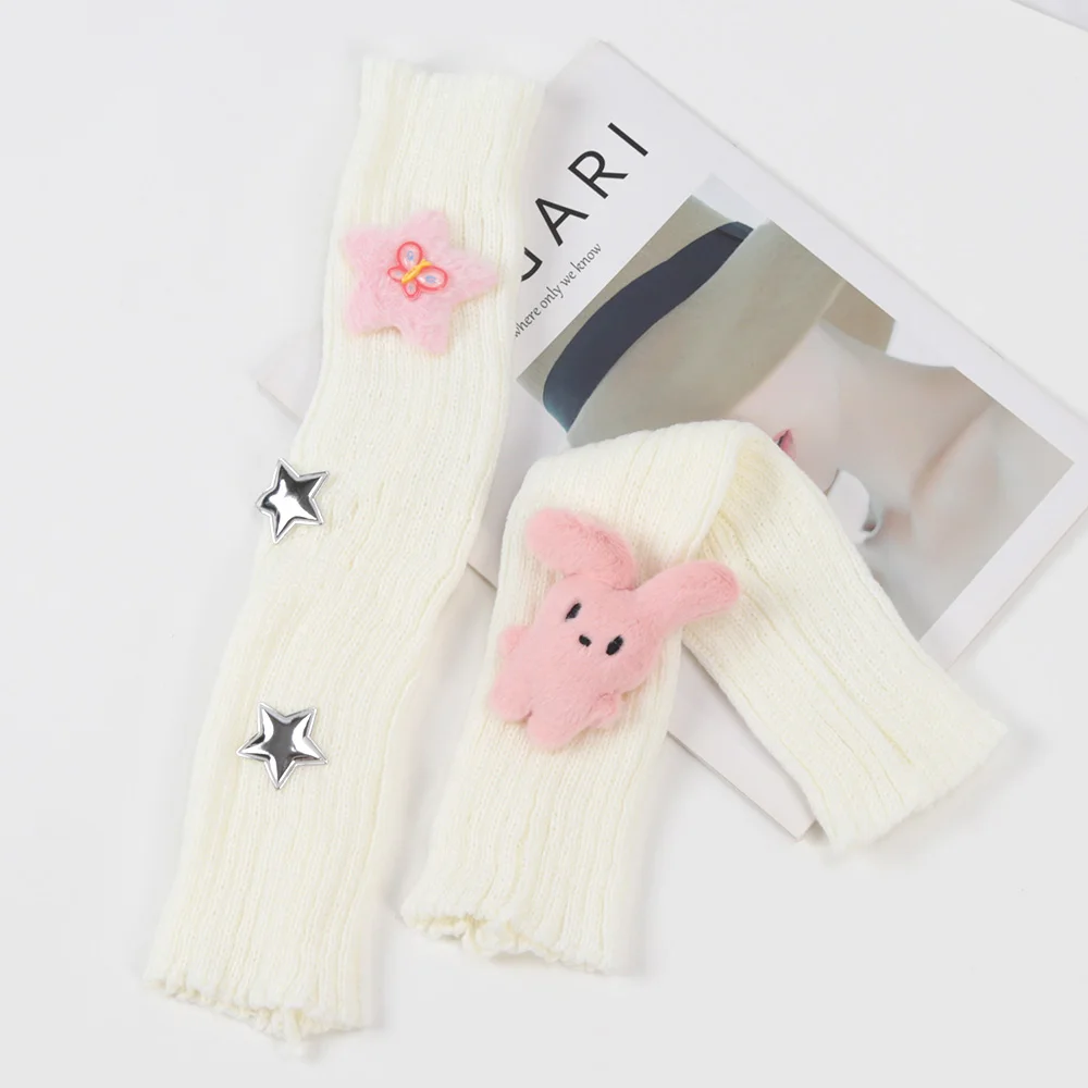 Winter Kawaii Arm Sleeves for Women Thicken Warm Knitted Arm Warmers  Long Sleeve Half-finger Glove Gothic Fingerless Mitten