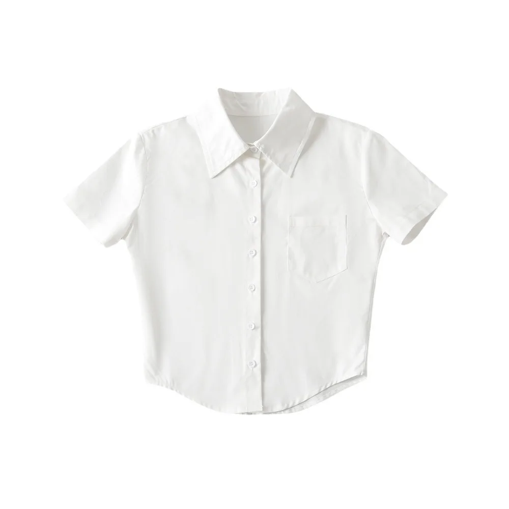 

Рубашки с короткими рукавами и v-образным вырезом в корейском стиле с карманами на пуговицах, тонкая блузка, женский укороченный топ Y2K, милые рубашки для девочек