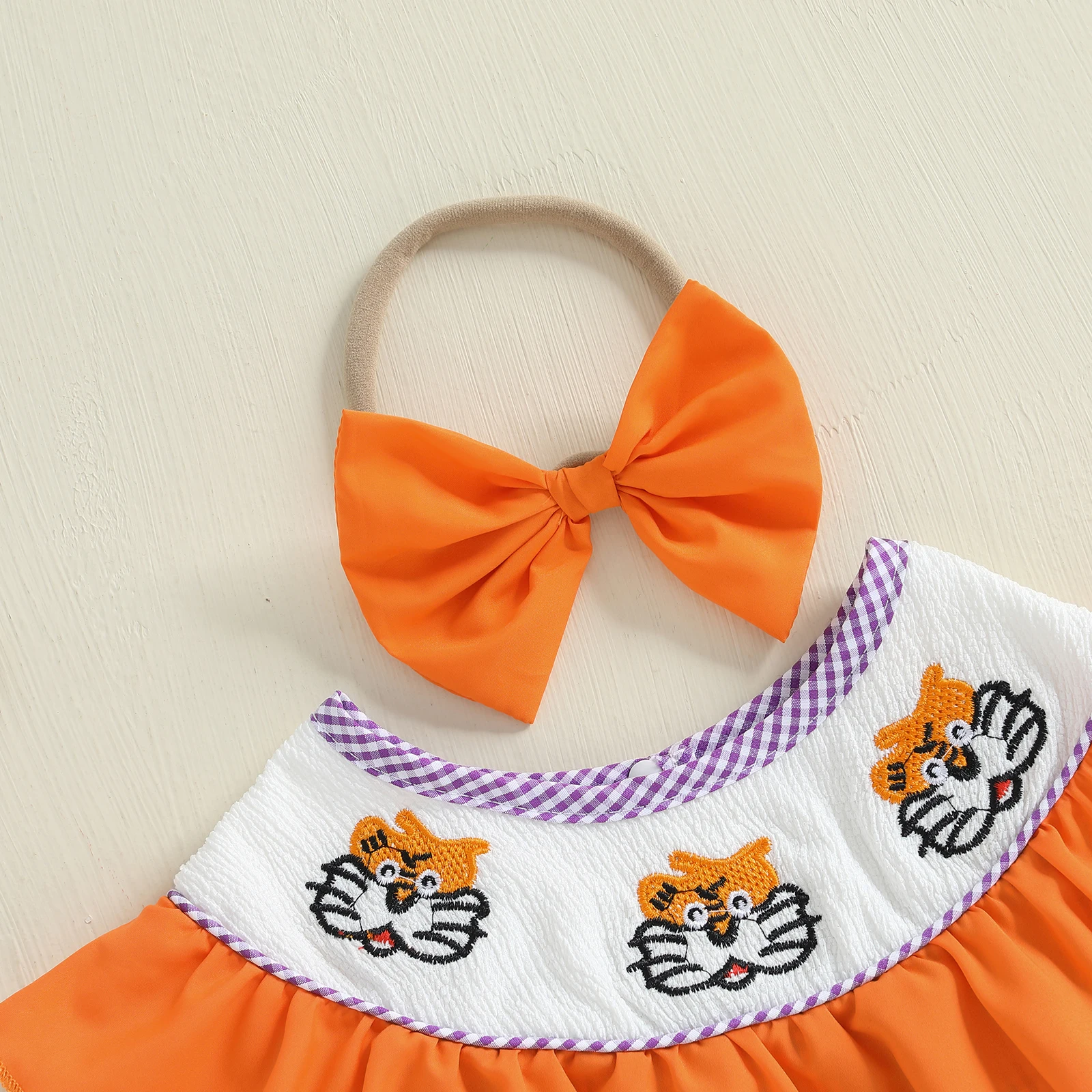 

0-18 Months Baby Girl Embroidery Romper Sleeveless O Neck Ruffle Trim Plaid/Striped Romper with Headband Outfits