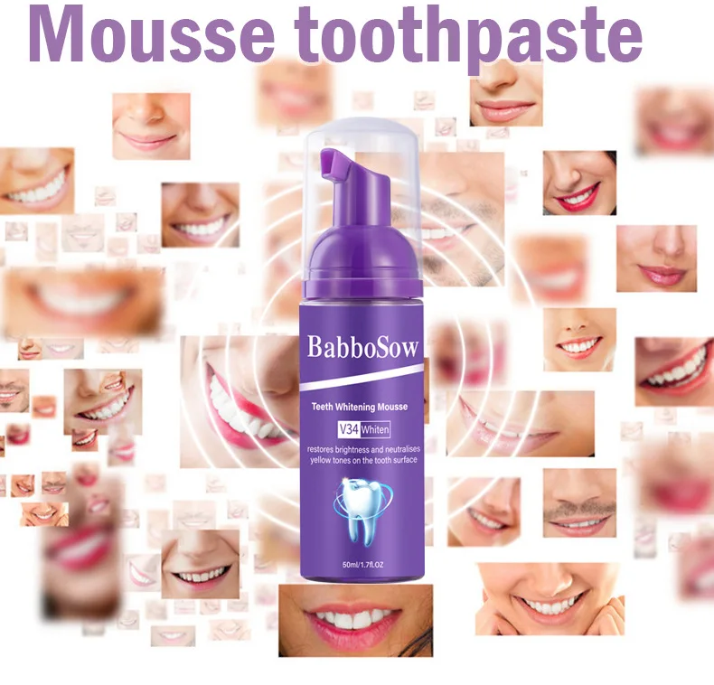 Creme dental Mousse de limpeza dentária Protegendo o clareamento dental Respiração fresca Removendo a pedra dos dentes amarelos Mancha de fumaça de mau hálito V34