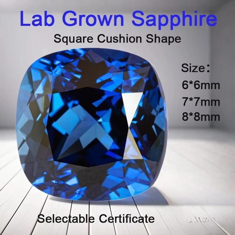 Lab Grown Sapphire Loose Stone Square Cushion Shape Royal Blue Color VVS1 Beads for Jewelry Making Selectable Certificate