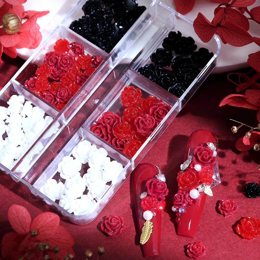 Black Red Rose Flowers Nail Art Charms Camellia Flower Manicure Accessories French Nails Decoration Valentines Day Nails Jewelry