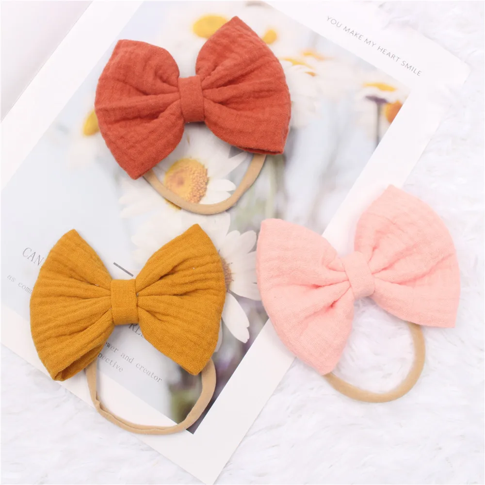 Baby Hair Accessories Head Bands Kids Girls Bow Hairband Muslin Nylon Elastic Headwear Newborn Solid Color Decoration Photo Prop