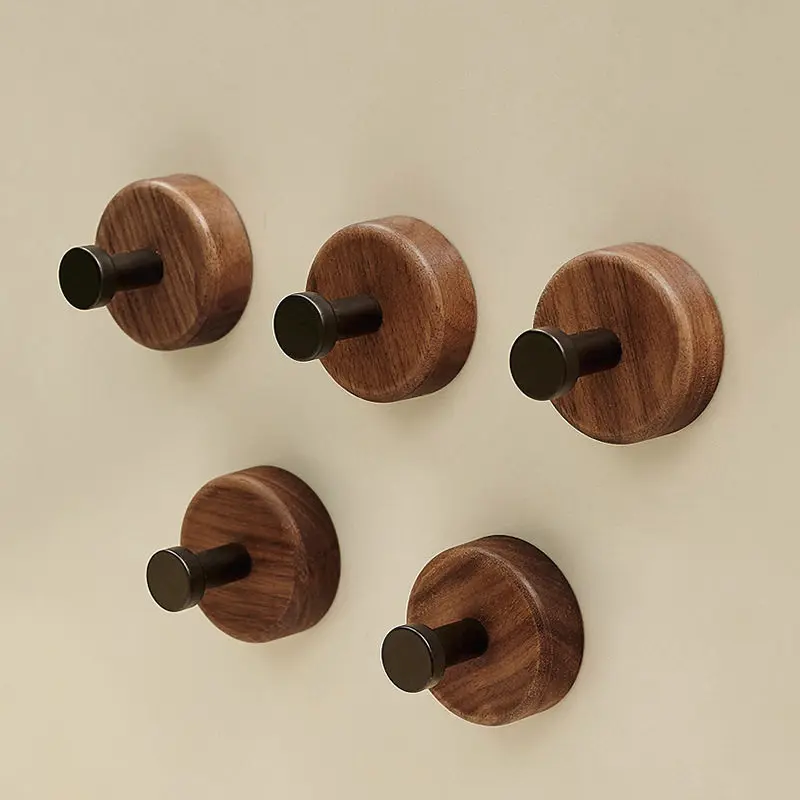 

Walnut solid wood hook free punching strong load-bearing hanger behind the door no trace sticky hook wall mounted round