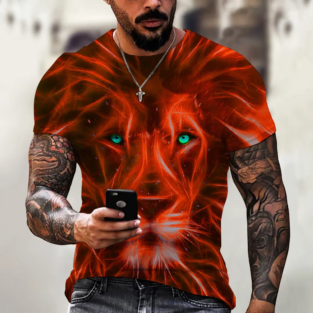 Vintage Tiger Print T-shirt Men\'s 3D Animal Print Short Sleeve Tops Plus Size T-shirt Men\'s Casual Street Lion Pattern T-shirts