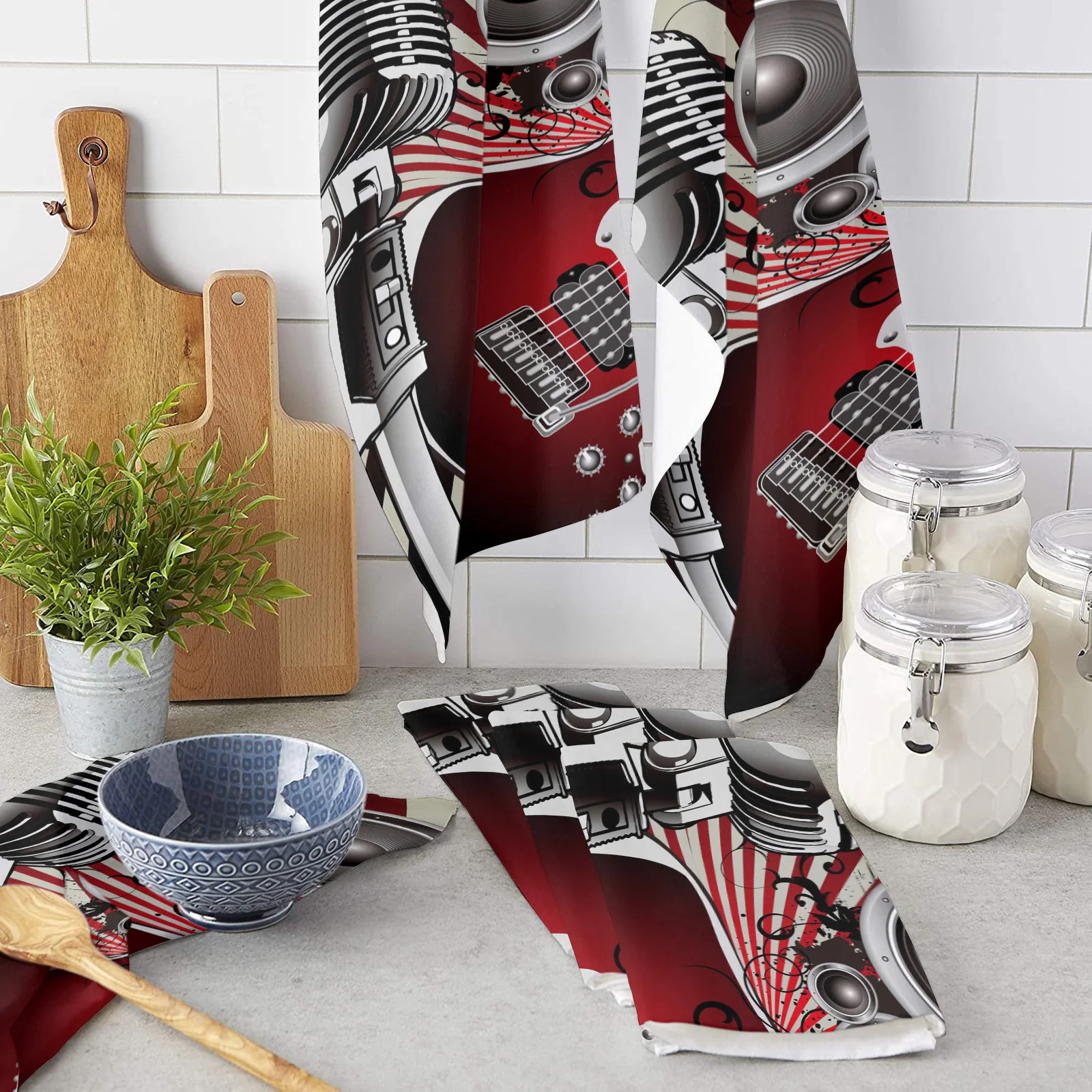 Guitar Microphone Notes Horn Retro Microfiber Cleaning Cloths Hand Towels Dishcloth Utensils For Kitchen House Things Wipe Towel