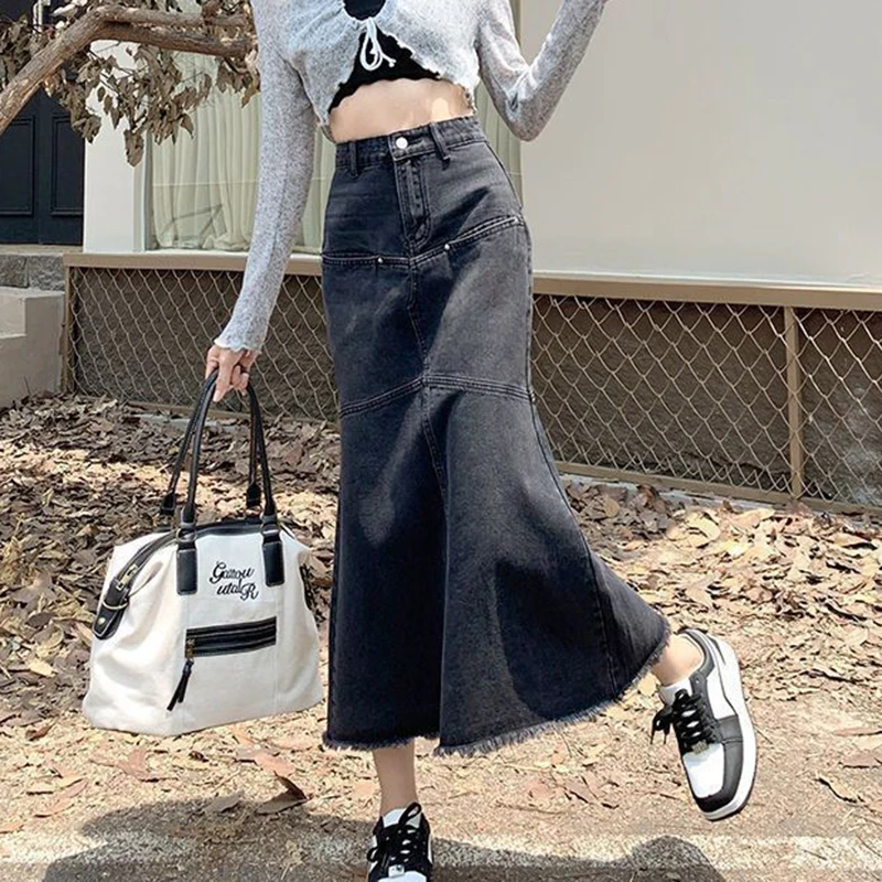 Vintage Frauen Denim Röcke Lose Beiläufige Hohe Taille Raw Kanten Quaste Midi Rock Koreanische Patchwork Taste Elegante Meerjungfrau Röcke