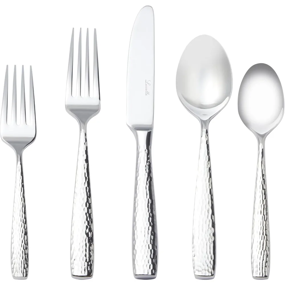 

Ponza Flatware Set For 12, 65-piece Stainless Steel Silverware Set With Serving Utensils, Timeless Hammered Design, Rust-resist