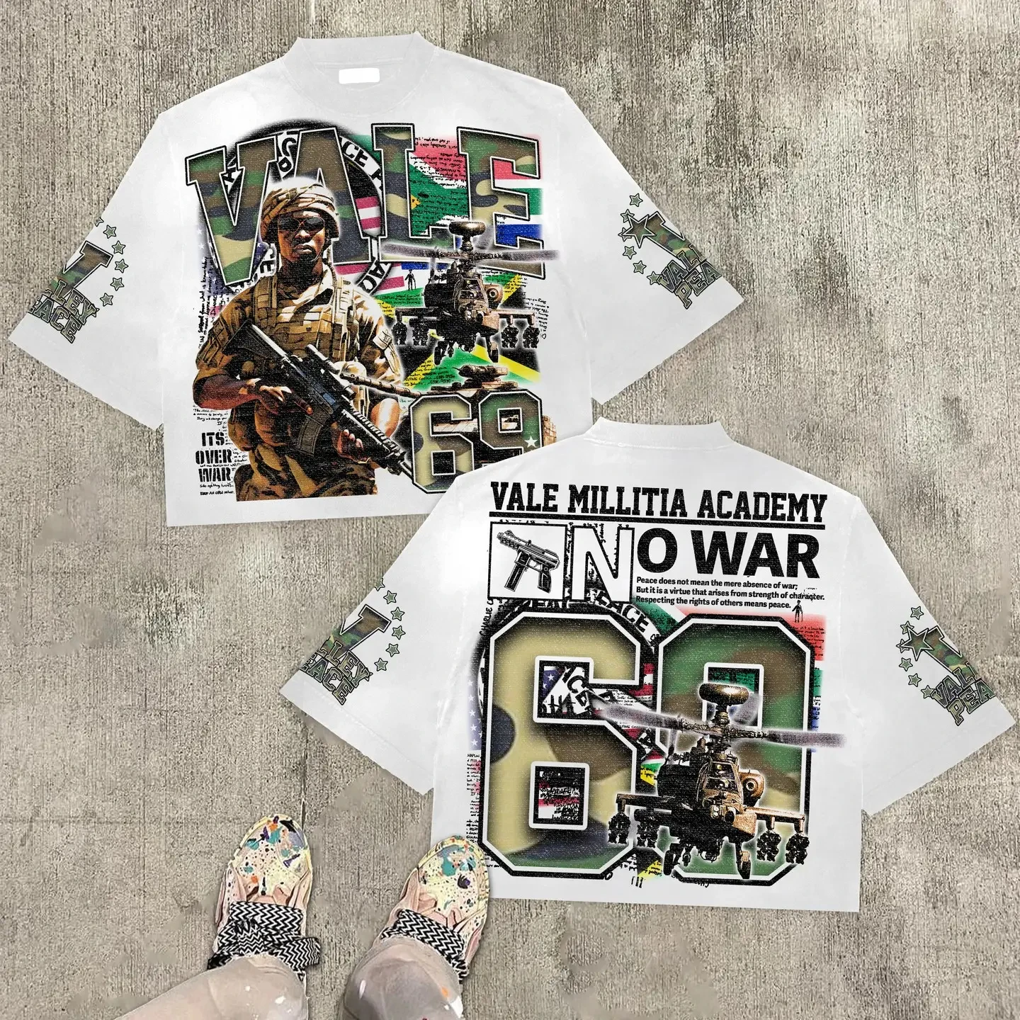 خمر Warzone 69 السلام الجرافيك 100% القطن تي شيرت اقتصاص المحملة رجل الشارع الهيب هوب روك قصيرة الأكمام المرأة جولة الرقبة