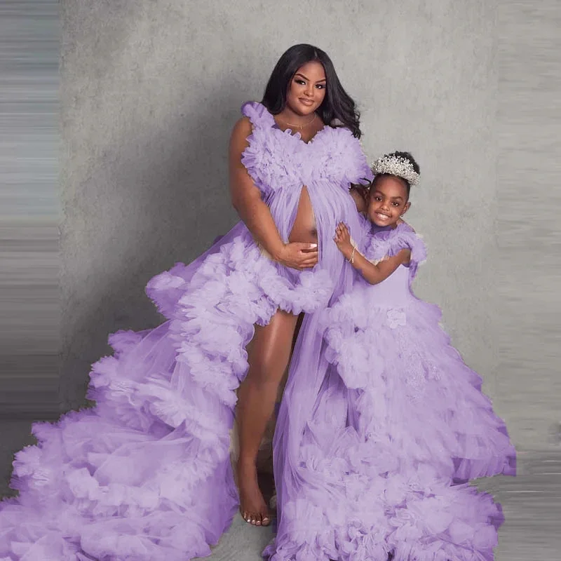 Mommy & Girls Party Gowns For Photography Exaggerated Tiered Ruffles Tutu Pleated Maternity Robes Lush Mesh Front Slit Tulle