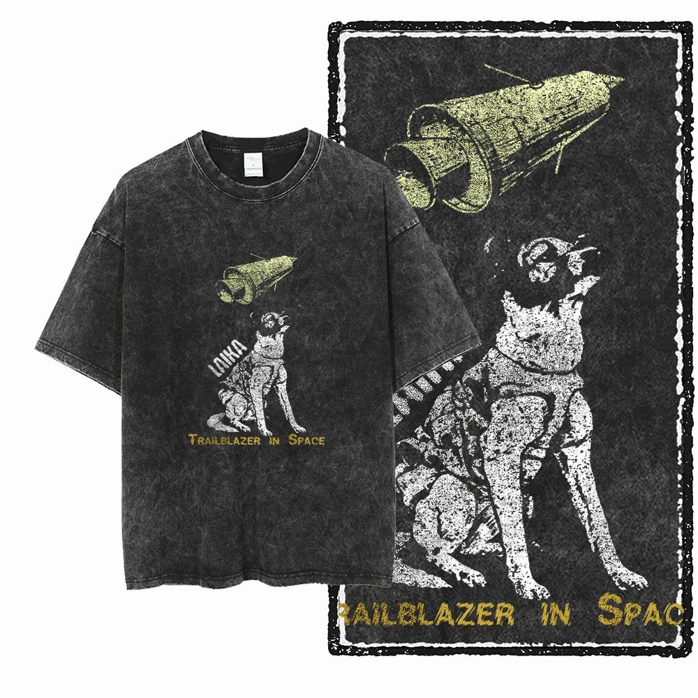 

DCA LAIKA DOG Printed Acid Washed Cotton Streetwear Exclusive Graphic Unisex T Shirt Cool Vintage Men Tshirts Tee for men