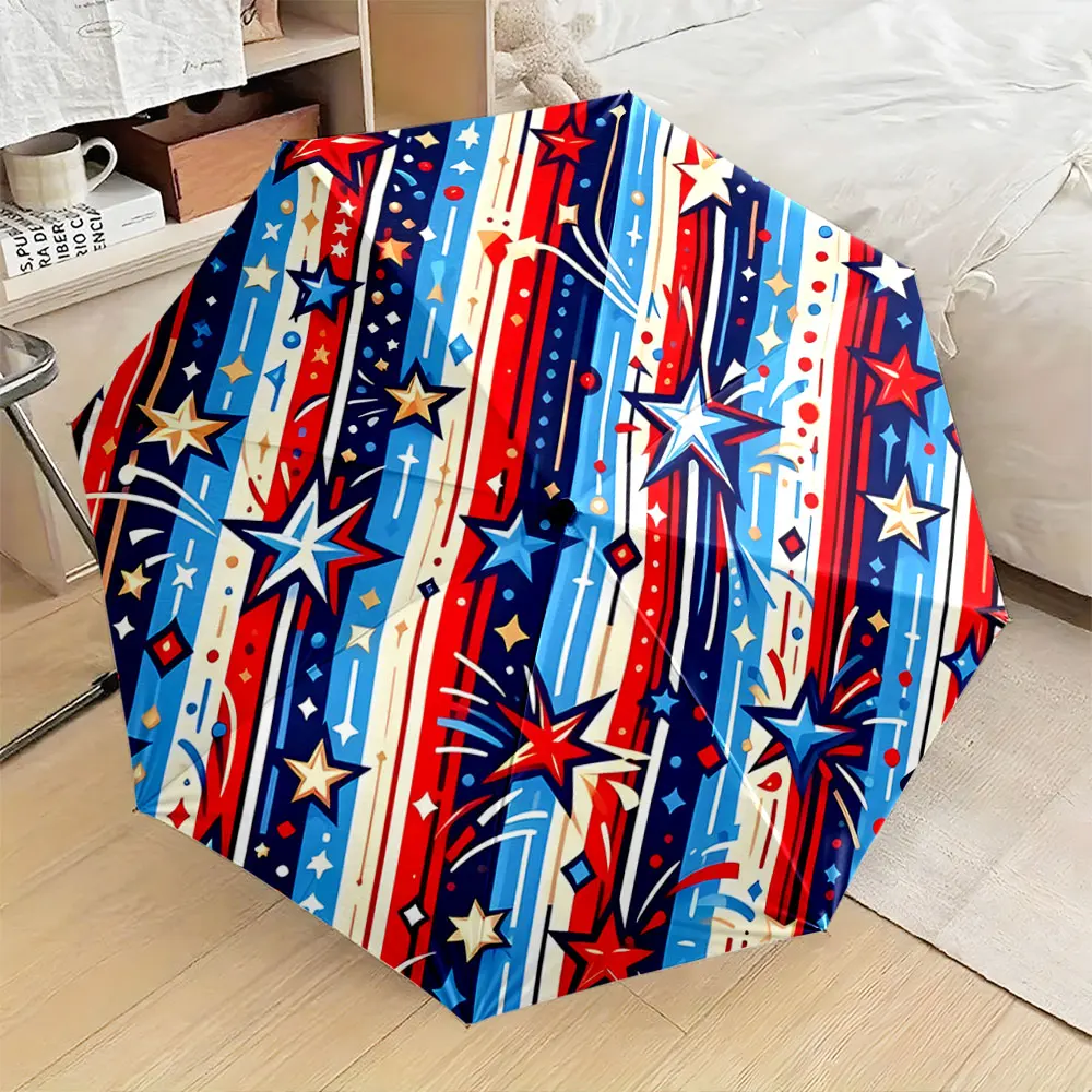 Red, Blue, and White Stars Pattern Firework Umbrella Design Compact Fashion Folding Umbrella for Daily Use, Christmas Gift