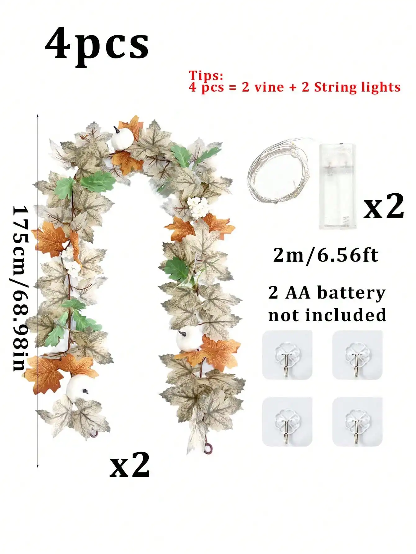 4pcs Artificial Autumn Maple Leaf Vine With LED String Lights, Berries And Pumpkins, Hanging Decor For Thanksgiving Table, Room, Stairs, Windows, Porch, Garden Fence, DIY Wreath, Thanksgiving Harvest Home Decoration - view 7