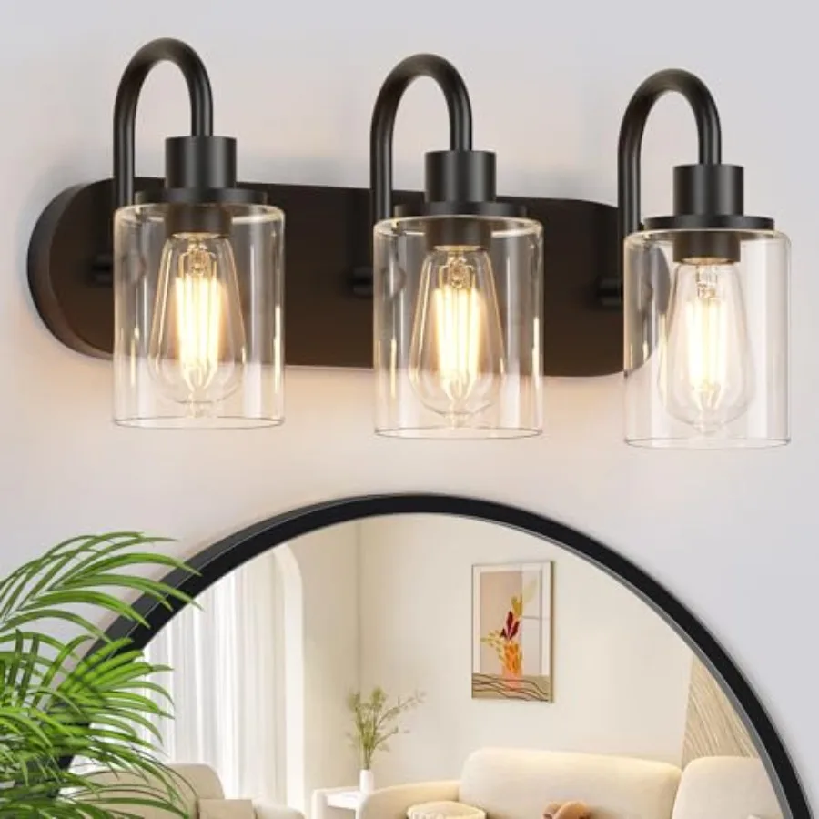3-Light Bathroom Light Fixtures, Vanity Light Farmhouse Wall Sconces with Clear Glass Shade, Modern Bathroom Wall Lamp for Mirr