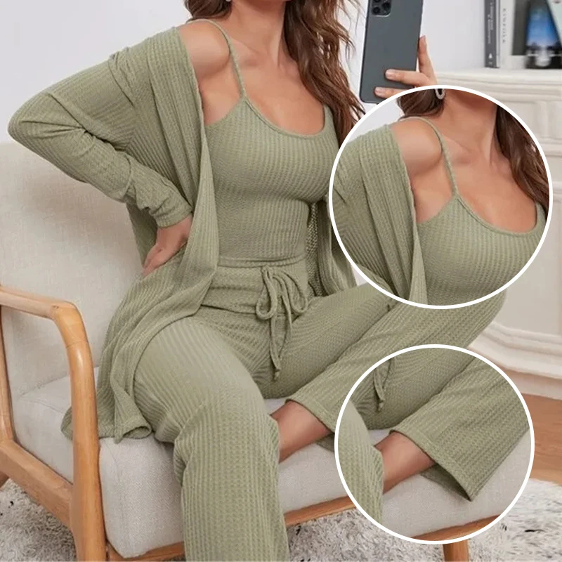 Women\'s Solid Color Knitted Camisole Vest Long Pants and Long Sleeved Cardigan Casual Three Piece Set Casual Set Pajamas