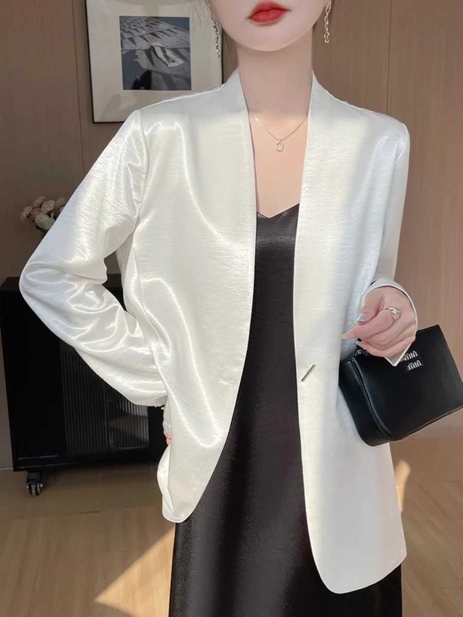 

Белый ацетатный атласный повседневный свободный женский костюмный пиджак, весна 2025, новинка, для офиса, прямой крой, длинный рукав