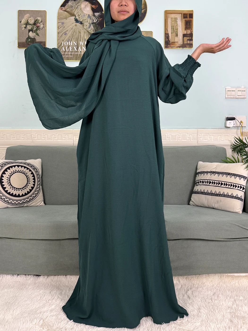 عباية إسلامية رمضان 2025 للنساء من القطن الخالص فضفاضة للصلاة رداء نسائي أصفاد مرنة فستان أفريقي مع وشاح حجاب متصل