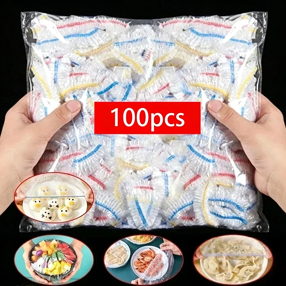 100Pcs Disposable Food Cover Fresh-keeping Food Cover Plastic Colorful Elastic Wrap Lid Plate Kitchen Packaging Bags Storage Bag