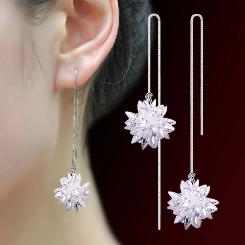 Real. 925 STERLING SILVER Jewelry Pull Through Flower chain Threader Long Earrings Dangle GTLE279