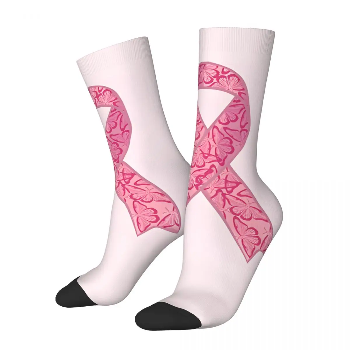 Crazy compression Breast Cancer Awareness Ribbon With Butterfly Print Sock for Men Harajuku Quality Pattern Crew Sock Novelty