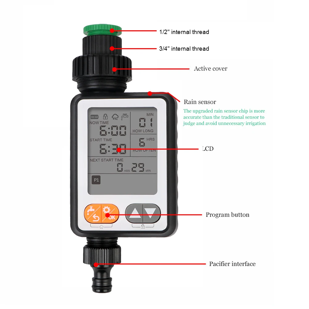 Irrigation Controller Multiple Program Battery Operated Large Screen Garden Watering Timer Automatic Child Lock Rain Sensor