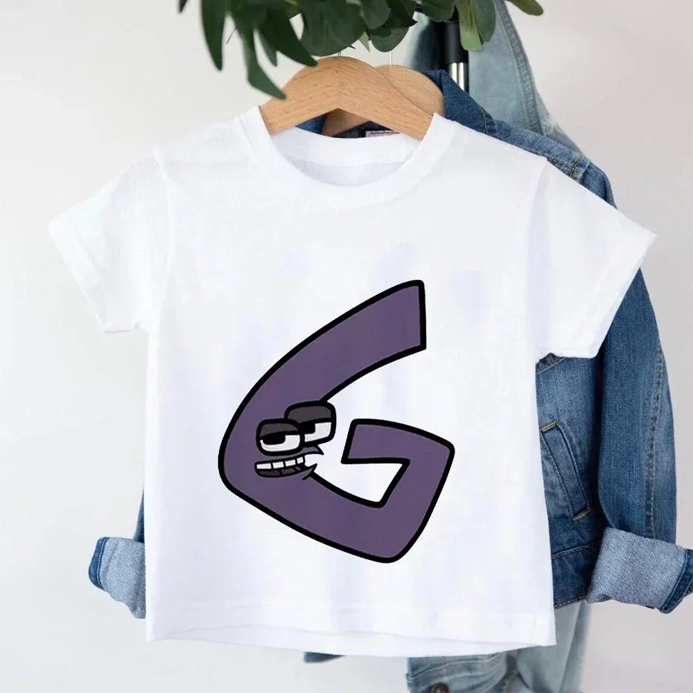 Kawaii الأبجدية لور أنيمي لعبة تي شيرت للأطفال قصيرة الأكمام a B C D E F G بنين بنات الأطفال هدية عيد ميلاد الملابس