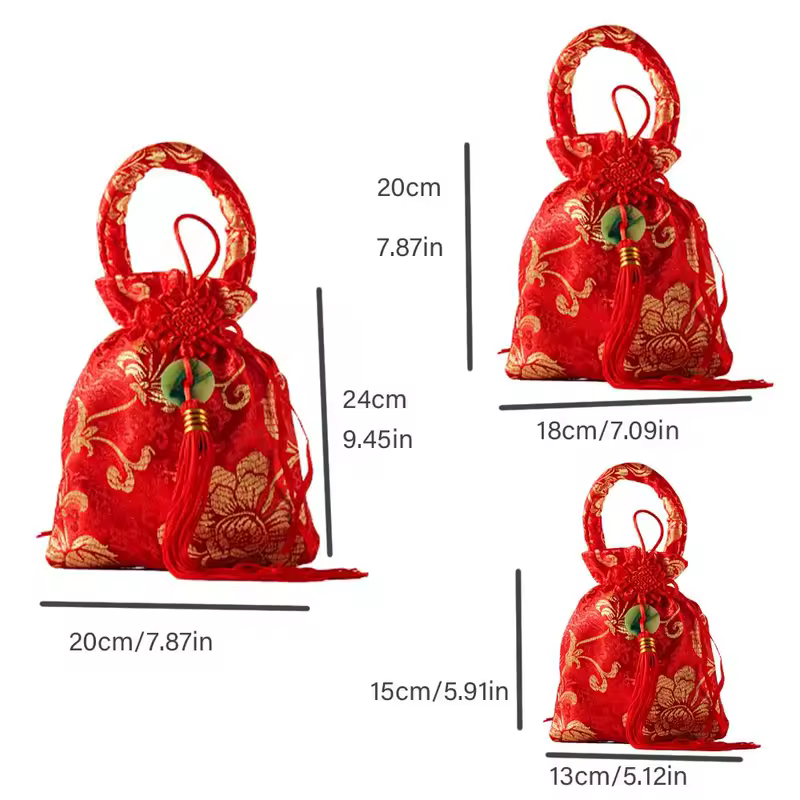 1Pc Canvas Festive Flower Drawstring Bag Chinese Knot Tassel Sugar Bag Wedding Large Capacity Handbag - Image 6