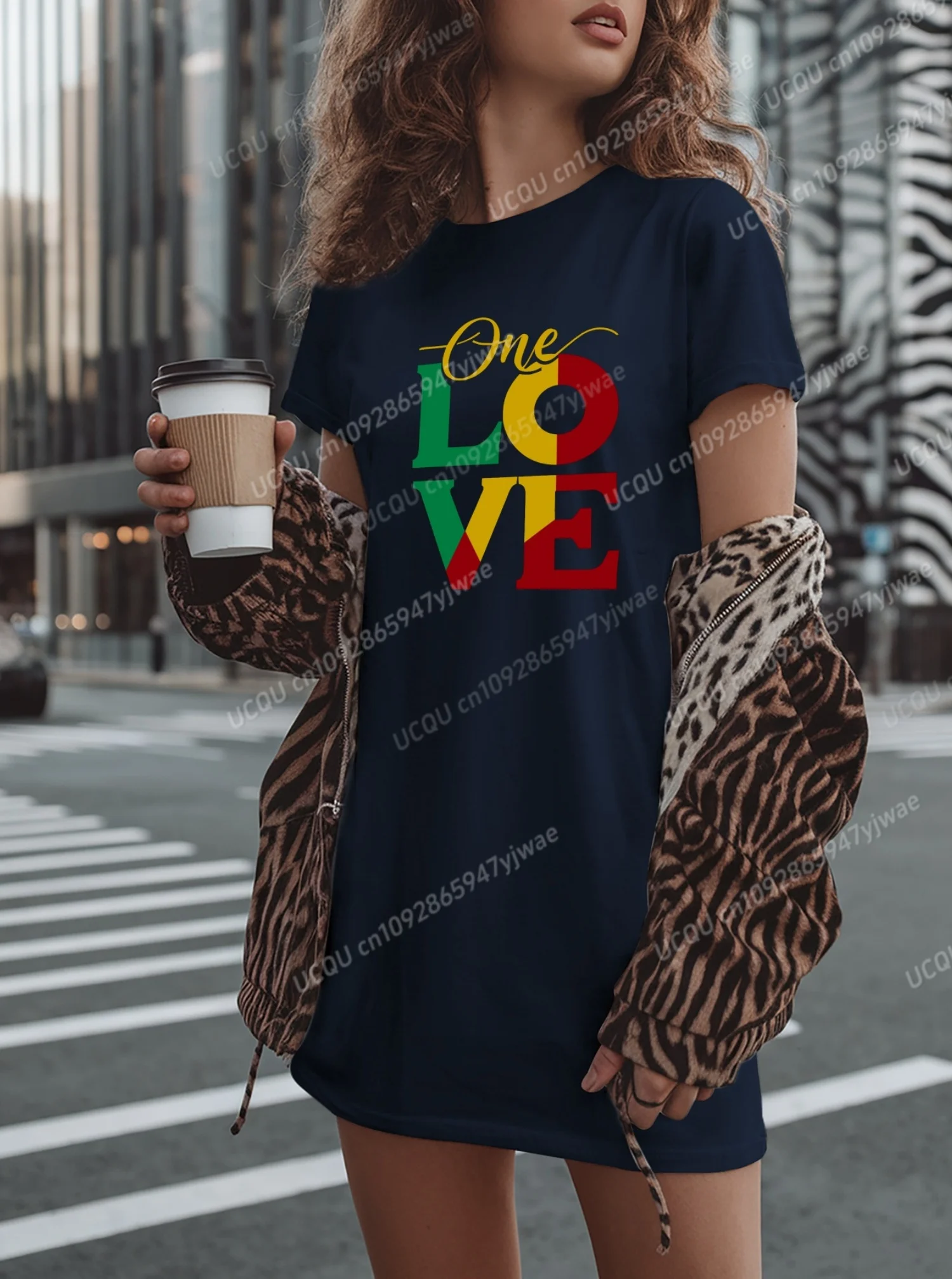 2025 Estate Poliestere Donna T-shirt Abito Allentato Casual ONE LOVE Stampato O-Collo Lady Manica corta Pullover Abiti Abbigliamento donna